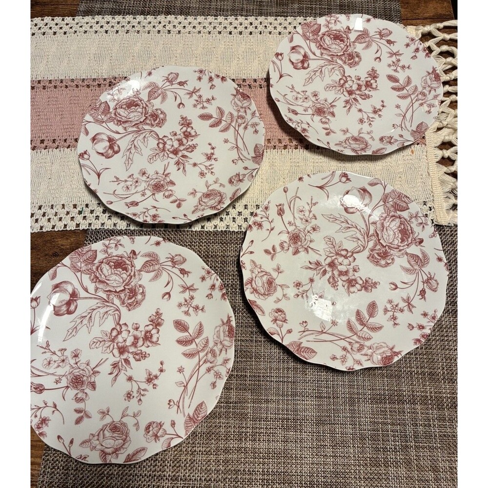 Godinger Red Rose Viana Crimson Chintz 8" Porcelain Salad Plates Set of 4
